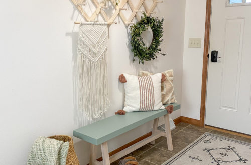 Coastal entryway with bench with Minwax Color of the Year Vintage Blue on it