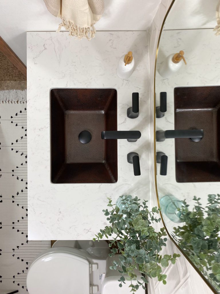 Top View of Copper Sink with Marble Countertop